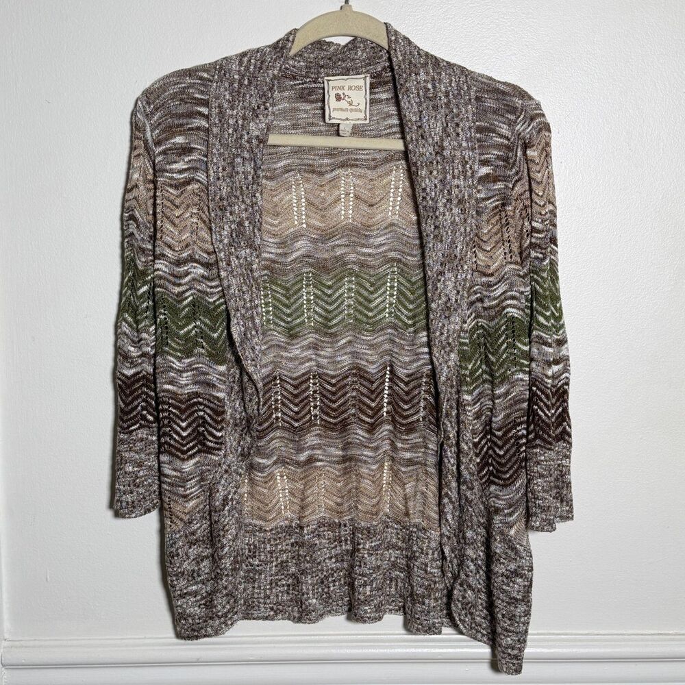 Pink Rose Cardigan L Brown Green Chevron Open Knit Boho Made USA